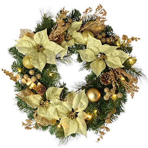 WeRChristmas Couronne de noël décorée imitation épicéa avec 20 led blanc chaud écru/doré 60 cm 5055396995862 (5055396995862)