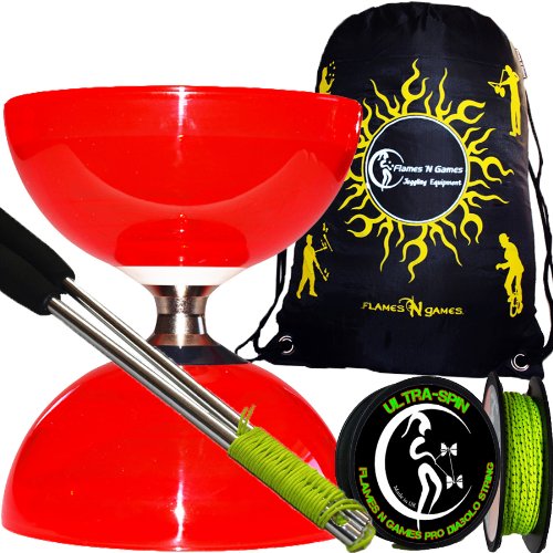 Flames 'N Games Diabolos Diabolo Cyclone "Quartz" (Rouge) - Triple Roulement, Moyenne, avec Diablo Baguettes en Aluminium, et Pro "ULTRA-SPIN" 10m Ficelle Diabolos + Sac de Transport code EAN 5055406306015 