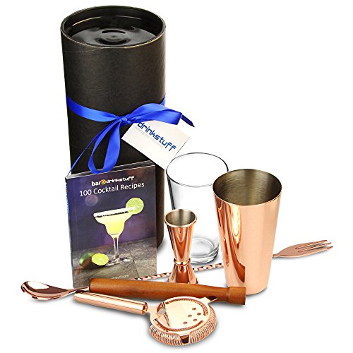 bar@drinkstuff Cuivre cuivre de Boston Shaker à cocktail avec Boston Shaker en métal, verre doseur, cuillère de bar, Passoire, Pilon, livre recette classique en tube cadeau code EAN 5055736967757 