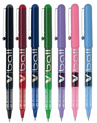 Pilot V5 couleurs assorties v ball stylo bille métal pincée pointe 0,5 mm-trait 0,3 mm encre liquide - 7 (1 de chaque couleur noir, rouge, bleu, vert, rose, violet, bleu clair)-vb5-bl code EAN 5055747152746 
