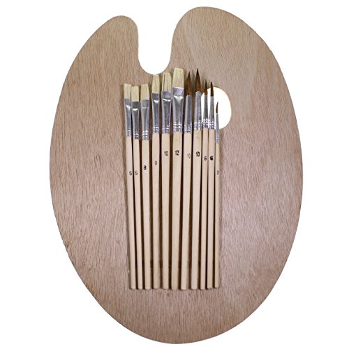Palette ovale en bois pour peintre avec 12 pinc...