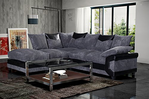 Grande Nuovo Dino Jumbo Cordon Tissu et panneau en simili cuir 3 places et 2 places canapé d'angle Repose-pied, Tissu, Noir/gris, Corner Sofa inc Footstool Left Hand 5055853599909 (5055853599909)