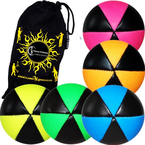 Flames N Games Balle de Jonglage 5 Balles de Jonglage ASTRIX UV - PRO Jonglerie Beanbag Jonglage Balles Leather + Sac de transport. (MultiColor) code EAN 5055897515170 