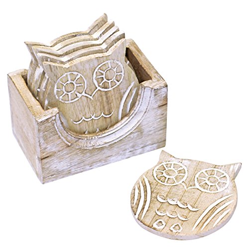 Lot de 6 dessous-de-verre en bois motif chouett...