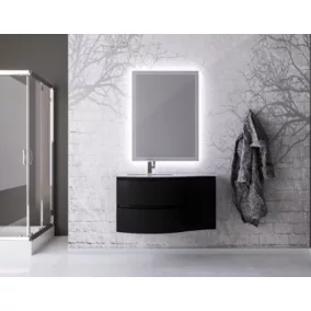  Ensemble Vague L.104 cm meuble sous vasque noir mat à suspendre + complément droit + plan vasque verre blanc code EAN 5059340712802 