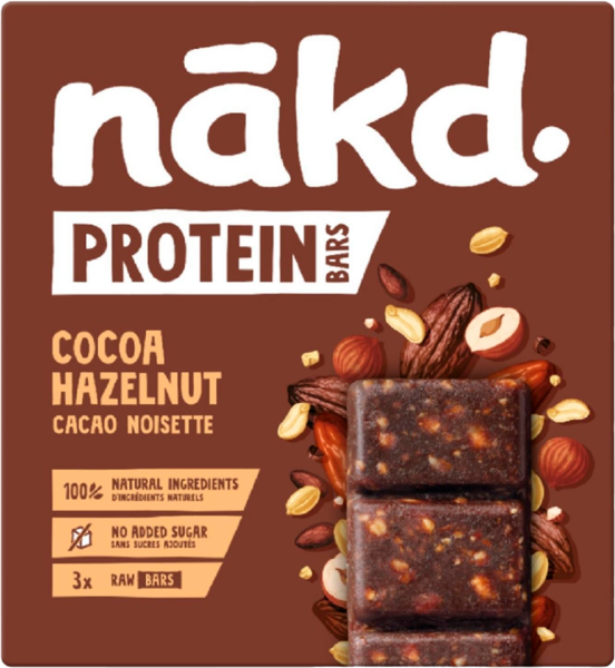 93490008 Barres Céréales Protein Cacao Noisette Sans Sucres Ajoutés Nakd code EAN 5060088700112 