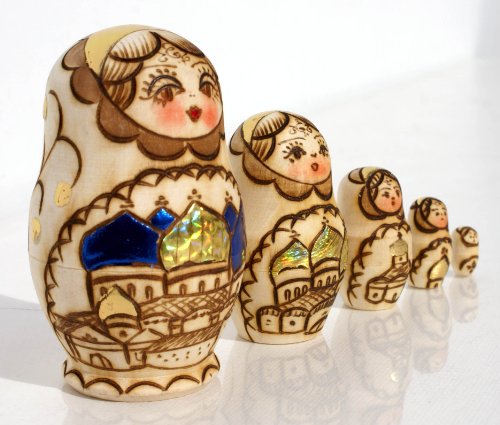 C2A Enterprise Matryoshka poupée avec l'église d'or et bleu, poupée matriochka poupéé russe babushka, 5 unités / 9 cm code EAN 5060386060390 
