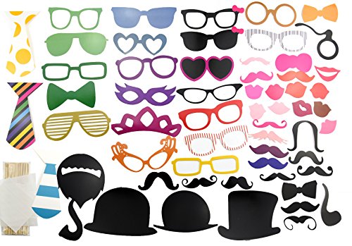 FiveSeasonStuff 58pcs colorée et expressive accessoires pour photobooth avec bâton déguisement masque moustache lunettes chapeaux lèvre lunettes cravate pour mariage, anniversaire, noël, fun party décor faveurs etc / loup et lunettes code EAN 5060437793116 