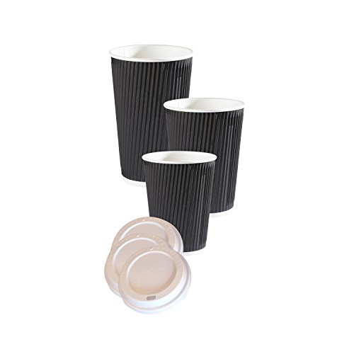 Tripple Wall Cup Tripple Ripple Walled Black Paper Cup Coffee Cup Insulated for Lait Cappucinno Hot Chocolate Soups Mulled Wine Sip Lid Through with Great Quality Disposable Cup Keeps Drinks Hot for Longer 8 oz 12 oz 16 oz Mix and Match sizes and quantity 227 g code EAN 5060454520931 