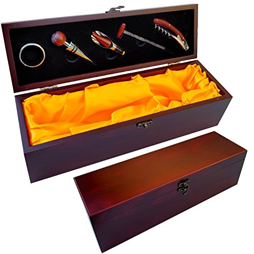 king-kado coffret sommelier bois 5 accessoires ( anti goutte, bouchon, bec verseur, thermomètre et tire-bouchon), dim : 36 x 11 x 11cm 5551239883018 (5551239883018)