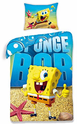 Spongebob Bob L'Eponge parure linge de lit réversible 100% Coton housse de couette 140x200 + Taie d'oreiller 70x90 Idée Déco SpongeBob code EAN 5901323305696 