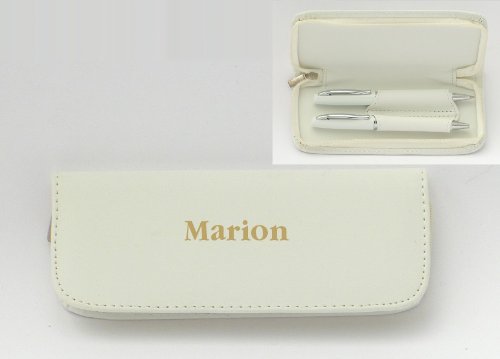 Set stylo dans un étui en cuir blanc engravé av...
