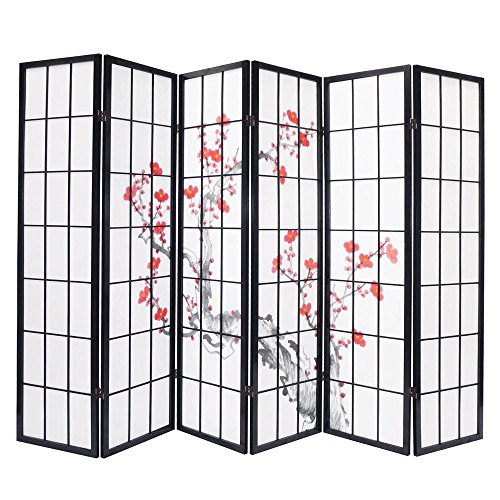 PEGANE Paravent bois noir avec fleurs de cerisier de 6 pans, Dim: L264 x H176 x P2 cm -PEGANE- code EAN 6037657103857 