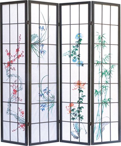 Paravent shoji en bois noir avec motif vegetal ...