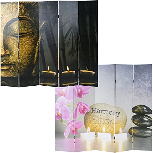 Paravent réversible en bois motif Bouddha, 5 pa...
