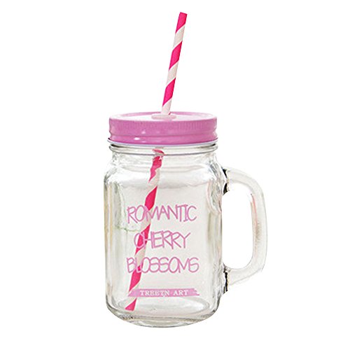 Japace Bocal en verre avec poignées, couvercle et paille pour les jus , cocktails & smoothies - rose 500 ml 6160716409529 (6160716409529)
