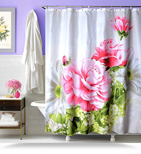DDJ LUN Rideau de douche, avec crochets, tissu Polyester preuve de rouille, 72 x 72 pouces, imprimé pivoine blanche et rose motif code EAN 6289106724827 