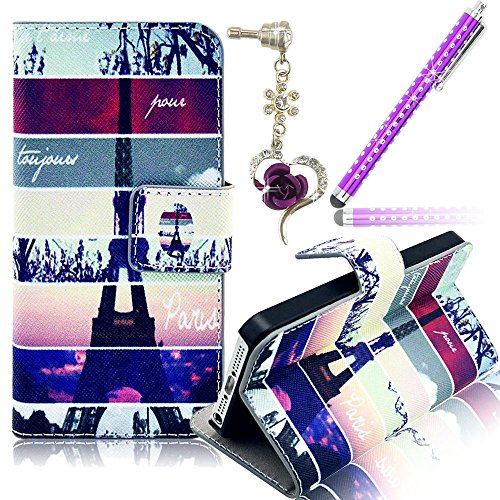 Sunnycase Apple iphone 4 / 4s coque etui housse silicone tpu portefeuille case cover classique premium leather pu cuir flip swag cas couvrir de protection d'écran shock-absorption bumper back retour skin shell téléphone accessoires rabat pochette folio coquille arrière livre ultra slim remplacement couverture avec pratique fonction stand fermeture magnétique porte carte + cristal strass anti-poussière plug + métal stylet stylus tactile pen, impression motif paysage stripe paris tower eiffel code EAN 6797684770643 