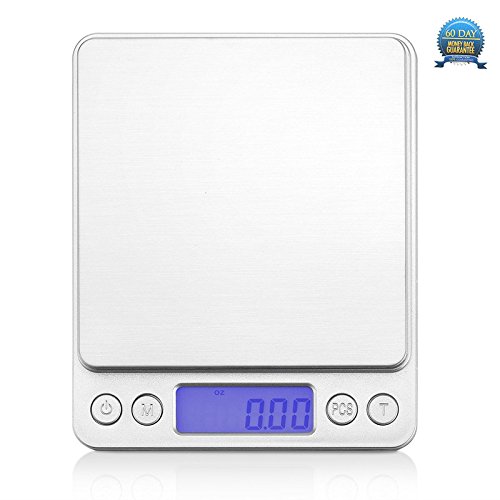 TBOOM 3000g /5000g 0.1g balances de cuisine numériques balances de grammes échelle électronique de nourriture de poche de pro avec l'affichage rétro-éclairé d'affichage à cristaux liquides, la tare, la prise et les caractéristiques de pcs, acier inoxydable (blanc) code EAN 6919331391128 