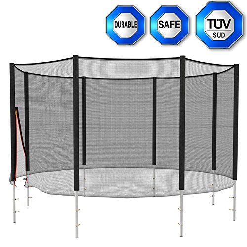 Happyjoy Filet de sécurité pour trampoline 185cm ,245cm ,305cm , 366cm , 396cm ,426cm ,490cm (6 ,8 ,10 , 12 , 13 ,14 ,16 FT) inclus entrée de fermeture double avec fermeture éclair et boucles (Dimensions à choisir)-- Sans Coussin de Ressorts ,Filet de protection seulement code EAN 6922421740232 