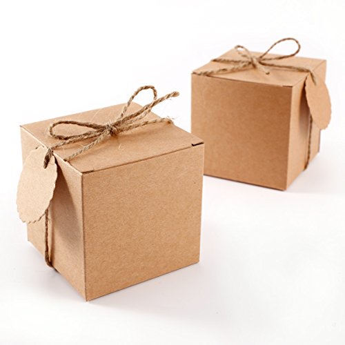 50x Boîte à dragées kraft 7cm+ cordon jute étiq...