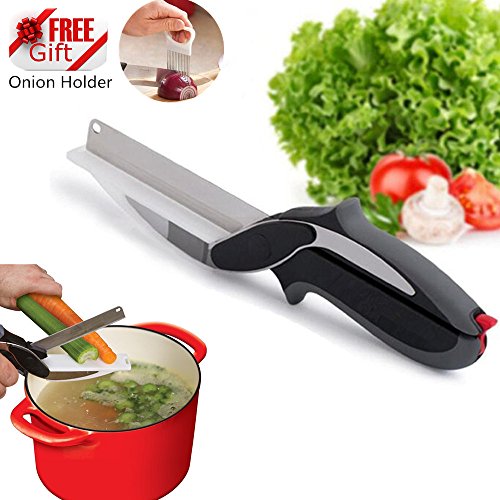 Well Buy Clever Ciseaux de Cuisine Coupeur Intelligent 2-in1 alimentaires Chopper-cuisine Ciseaux Couteaux et Outils de coupe du conseil d'administration pour légumes Chooping Fromage Viandes Poulet Salades -Baby Fruits Alimentation Gadgets Avec Porte-oignon code EAN 6936338658085 