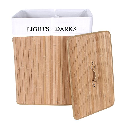3 poignées, 100l, panier à linge 100% bambou naturelle, 2 sections lights and darks, 62.5×52×32cm, carré lcb64y 6955880332335 Songmics