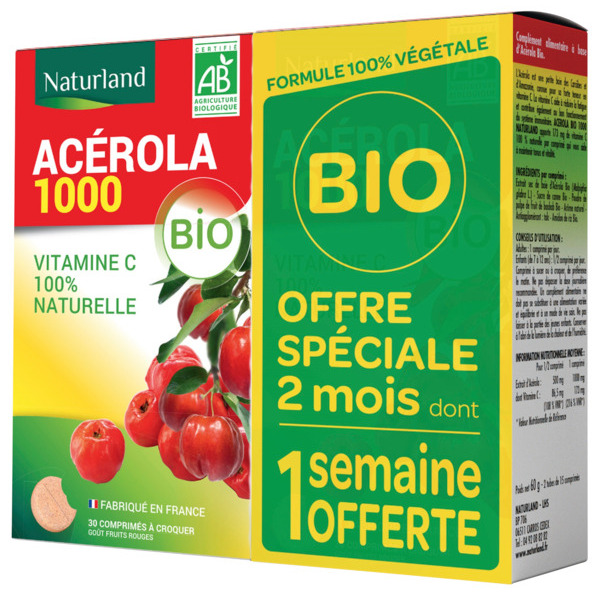Naturland Acérola 1000 Bio Vitamine C Naturelle - 2 Mois Dont 1 Semaine Offerte 7001375003446 