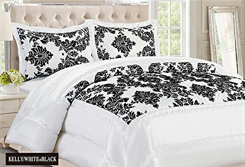 NEW motif damassé Lit Couvre-Lit Matelassé Lot de 3 rideaux de luxe super doux Doudou - Blanc/Noir, Polyester, Blanc/noir, King Bed (240cm X 260cm) 7425617746760 M Premier