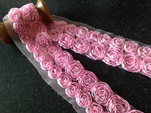 HomeBuy Bordure en Dentelle Fleur Rose - Fleurs Mariage net Tulle - Double rangée - Rose et Blanc à Pois (par mètre) 7426757425379 (7426757425379)