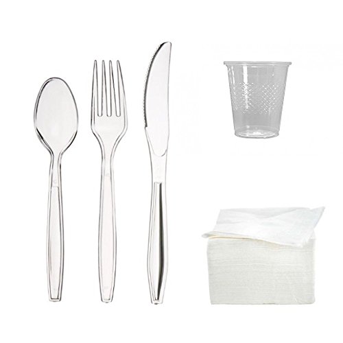 JF Trade Fourchette Couteau Cuillère couverts jetables (50 de chaque) Plus 40 Polypropylène en relief Cups et 100 serviettes en papier Ensemble 7426793468941 (7426793468941)