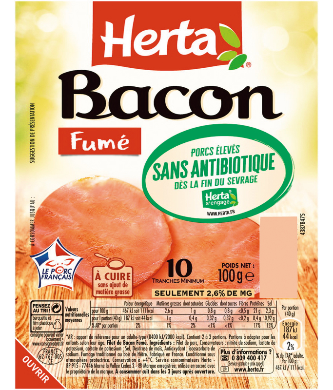 herta BACON FUMÉ SANS ANTIBIOTIQUE herta code EAN 7613036213097 