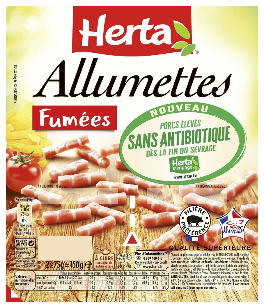 Herta Allumettes fumées sans antibiotique Herta code EAN 7613036213127 
