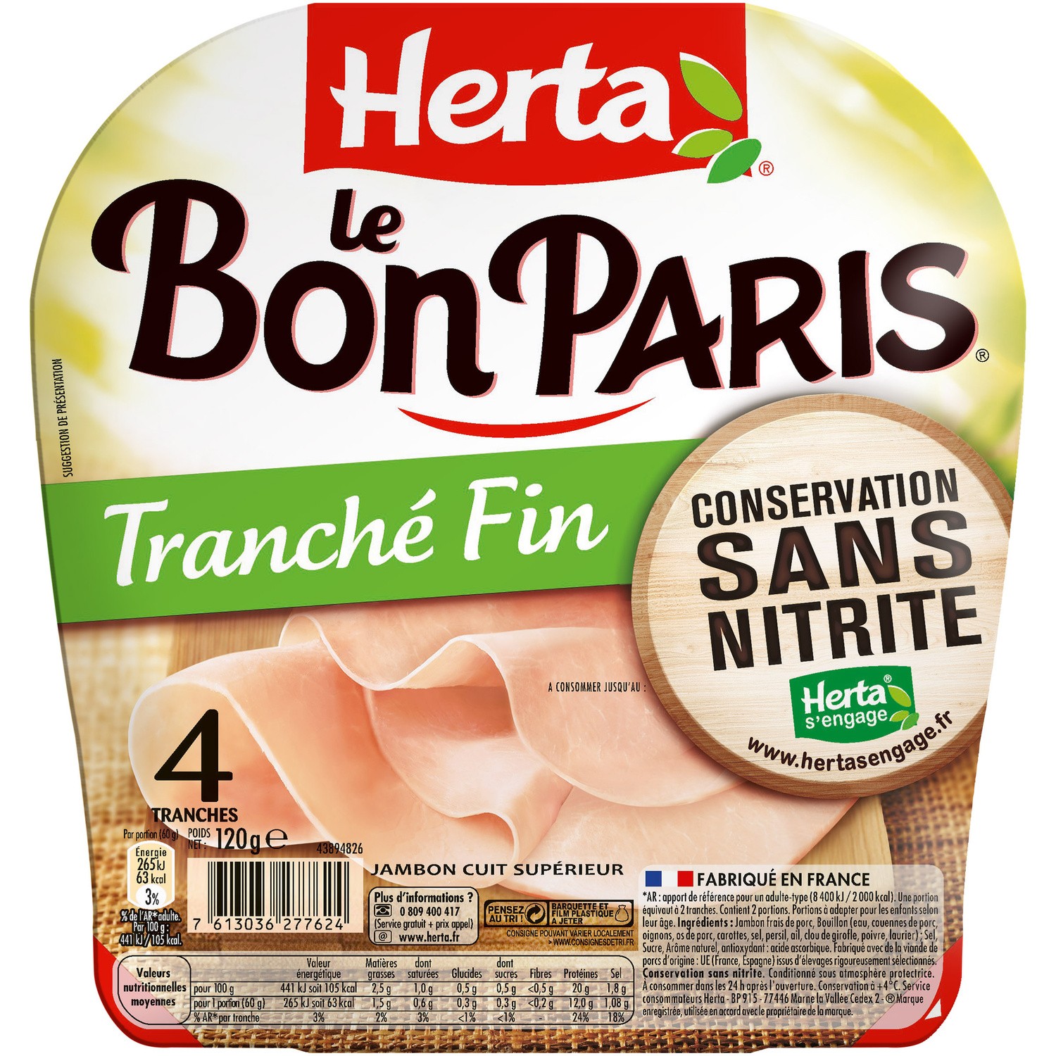 Jambon tranché fin Le Bon Paris sans nitrite HERTA
