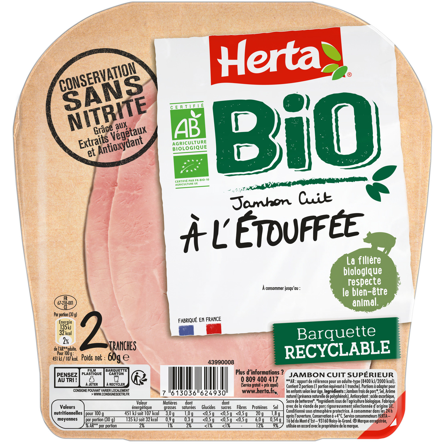 Jambon à l'étouffée Sans Nitrite Bio HERTA