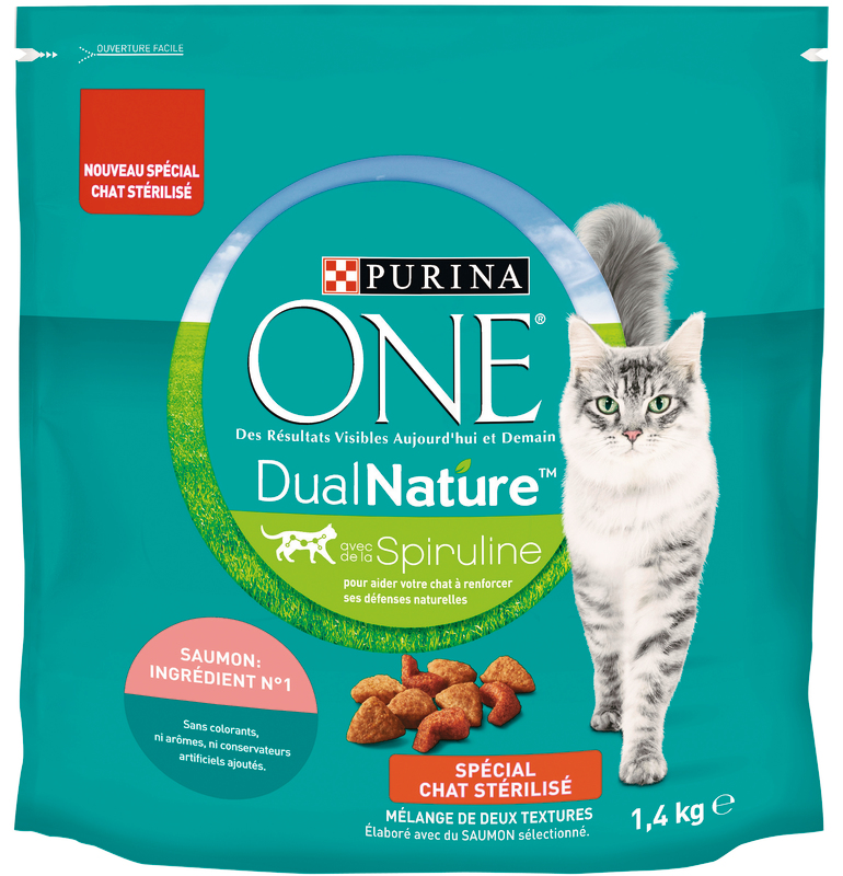 CROQUETTES SPÉCIAL CHAT STÉRILISÉ AVEC SPIRULINE AU SAUMON ONE DUAL NATURE 7613036716321 ONE DUAL NATURE