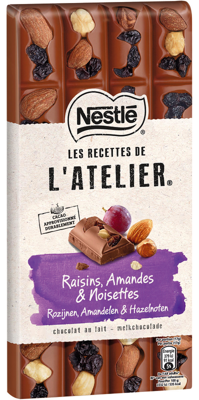 Nestlé TABLETTE DE CHOCOLAT AU LAIT LES RECETTES DE L'ATELIER RAISINS AMANDES ET NOISETTES Nestlé code EAN 7613037984798 