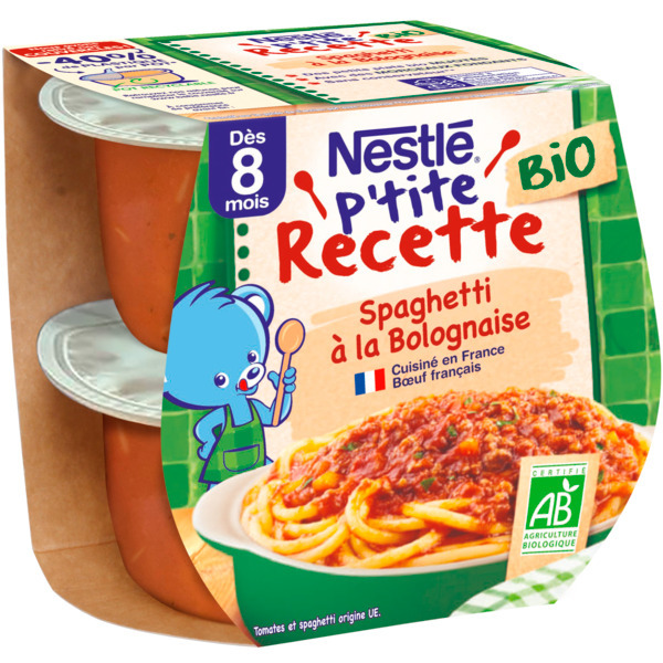 NESTLE BIO P'TITE RECETTE BIO SPAGHETTI BOLOGNAISE, TOUCHE DE BASILIC BIO
 code EAN 7613287923189 