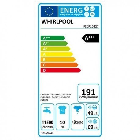 Whirlpool Fscr10427 autonome charge avant 10kg 1400tr/min a+++-20% blanc - machines à laver (autonome, charge avant, a+++-20%, b, blanc) code EAN 8003437261305 