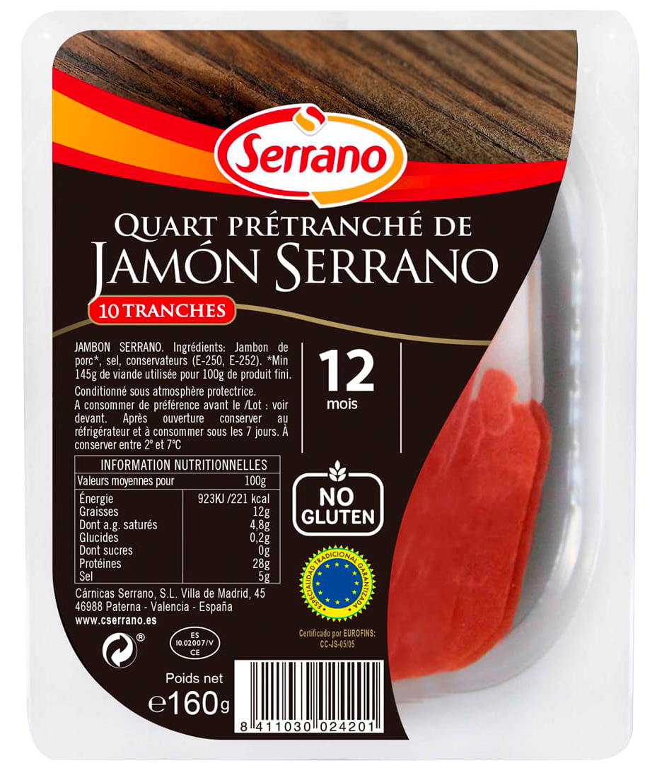 “SERRANO” QUART PRÉTRANCHÉ DE JAMBON SERRANO ETG
12 MOIS D’AFFINAGE code EAN 8411030024201 