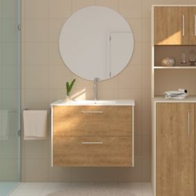  Ensemble meuble vasque suspendu beige et effet bois l.80 cm + vasque simple + miroir rond Ø80 cm, Luma code EAN 8436537954219 