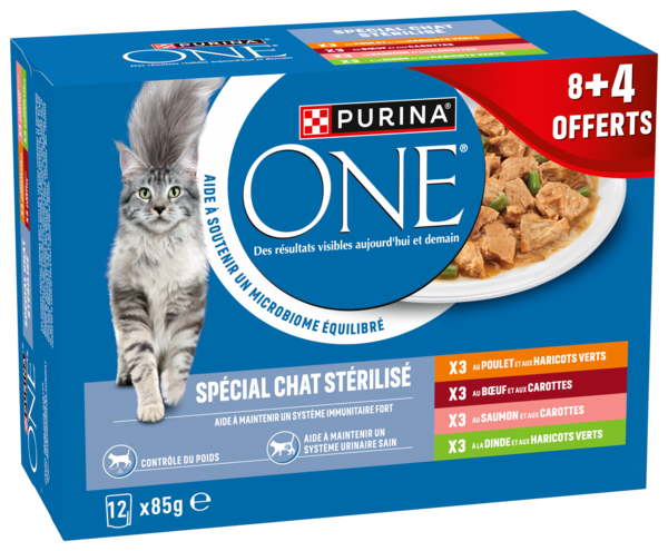 PURINA ONE EFFILÉS EN SAUCE SPÉCIAL CHAT STÉRILISÉ POULET, BŒUF, SAUMON, DINDE
 code EAN 8445291218840 