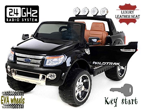 RIRICAR Ford Ranger Wildtrak de luxe Voiture-jouet électrique pour enfant, 2.4Ghz Bluetooth contrôle á distance, DEUX MOTEURS, deux sièges en cuir, Roues EVA douces, noir, licence Ford originale 8588006517354 (8588006517354)