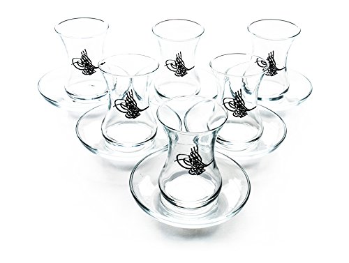Incebelset Aricola tugra incebel, Set de Verres à thé turc avec symbole tugra et ronde verre sous assiettes, 12 pièces 8693357102798 (8693357102798)