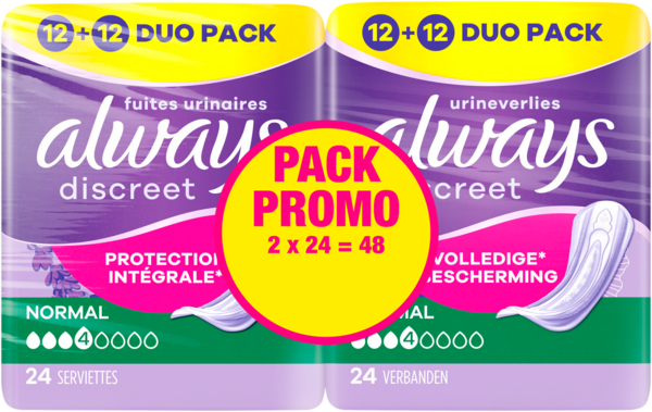 SERVIETTES POUR FUITES URINAIRES PROTECTION INTÉGRALE NORMAL 2X24
8700216345880 ALWAYS DISCREET SERVIETTES POUR FUITES URINAIRES PROTECTION INTÉGRALE NORMAL 2X24
8700216345880 ALWAYS DISCREET