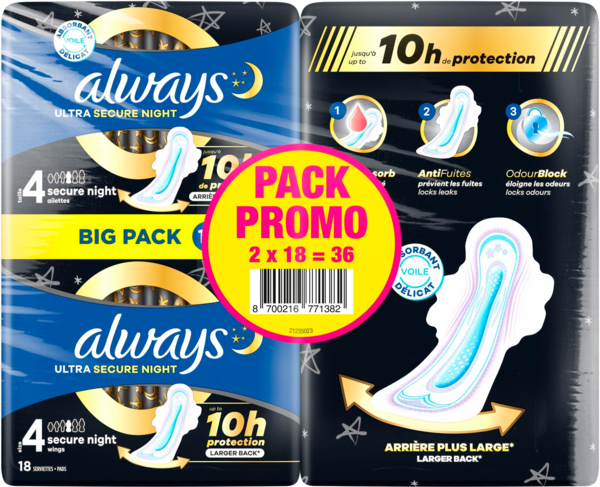 ALWAYS Serviettes hygiénique nuit Always  code EAN 8700216771382 