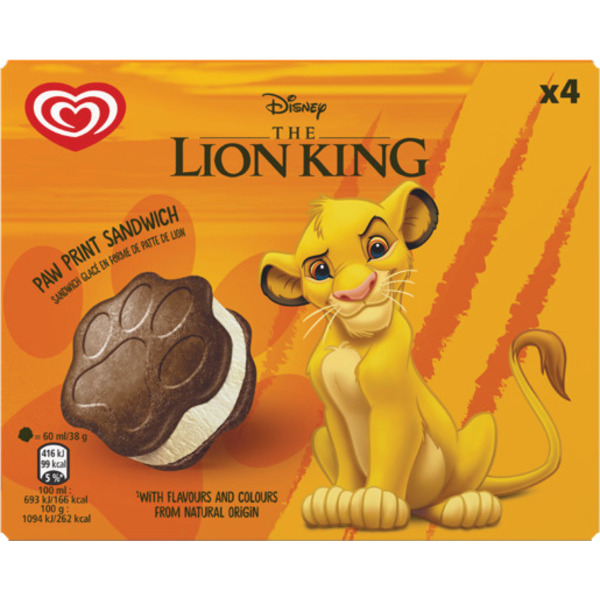 DISNEY GLACE LION KING PARFUM VANILLE ENTRE DEUX BISCUITS AU CACAO X4 
DISNEY code EAN 8711327633353 