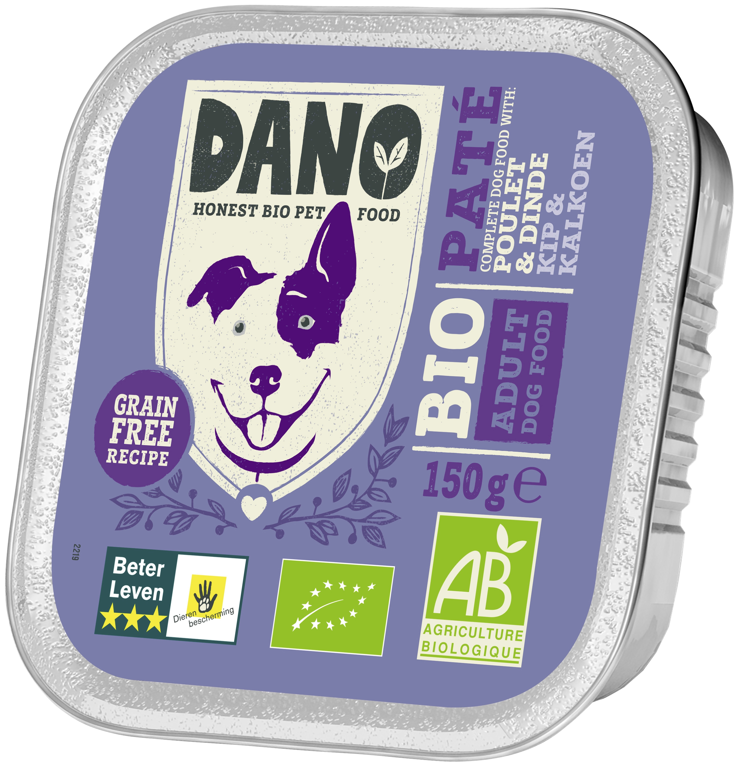 Barquette chien pâté poulet dinde bio Dano