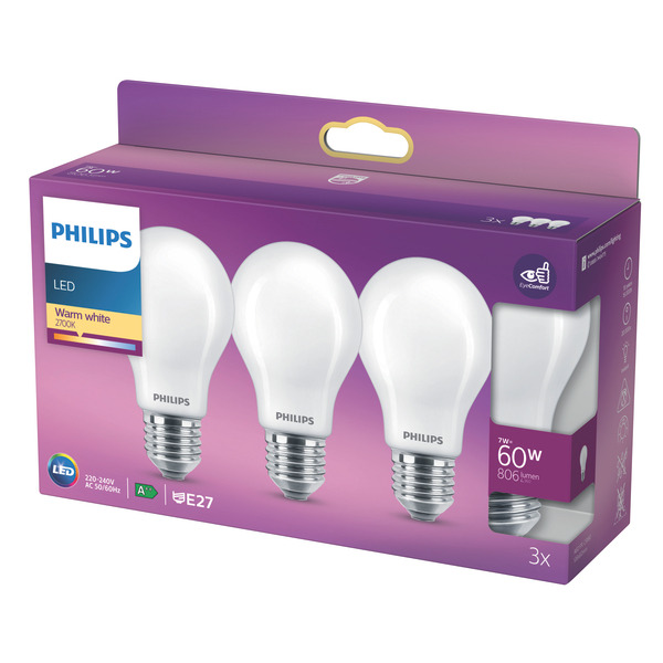 PHILIPS Lot de 3 ampoules Philips E27 Standard 60W Blanc chaud code EAN 8719514266759 