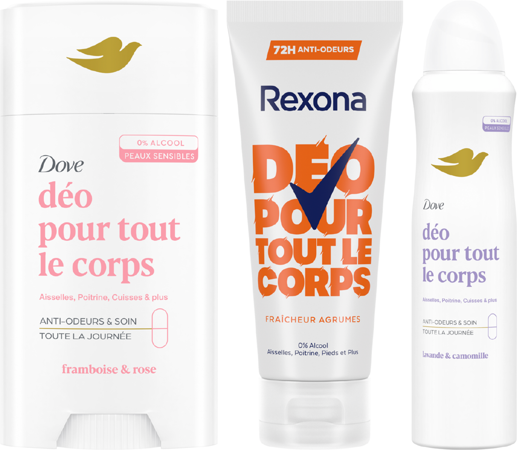 DOVE  SUR LES DEODORANTS POUR TOUT LE CORPS PRESENTS EN MAGASIN DE LA GAMME "DOVE OU REXONA" code EAN 8720181594830 